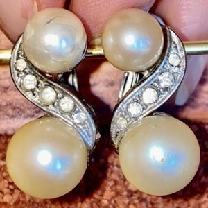 Silver Diamond & Faux Pearl VINTAGE CLIP ON EARRINGS Marked PAT 2400513